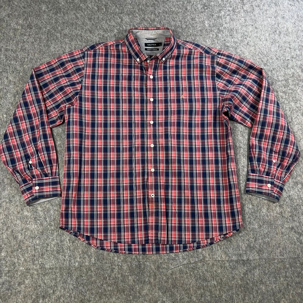 Nautica Men Shirt XL Pink & Blue Button-Down Plaid Long Sleeves Slim Fit Stretch